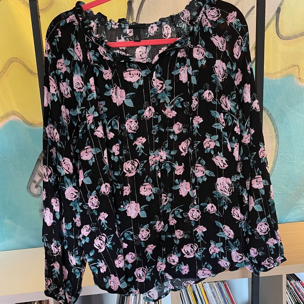 Torrid Black Floral Button Up Blouse, 3